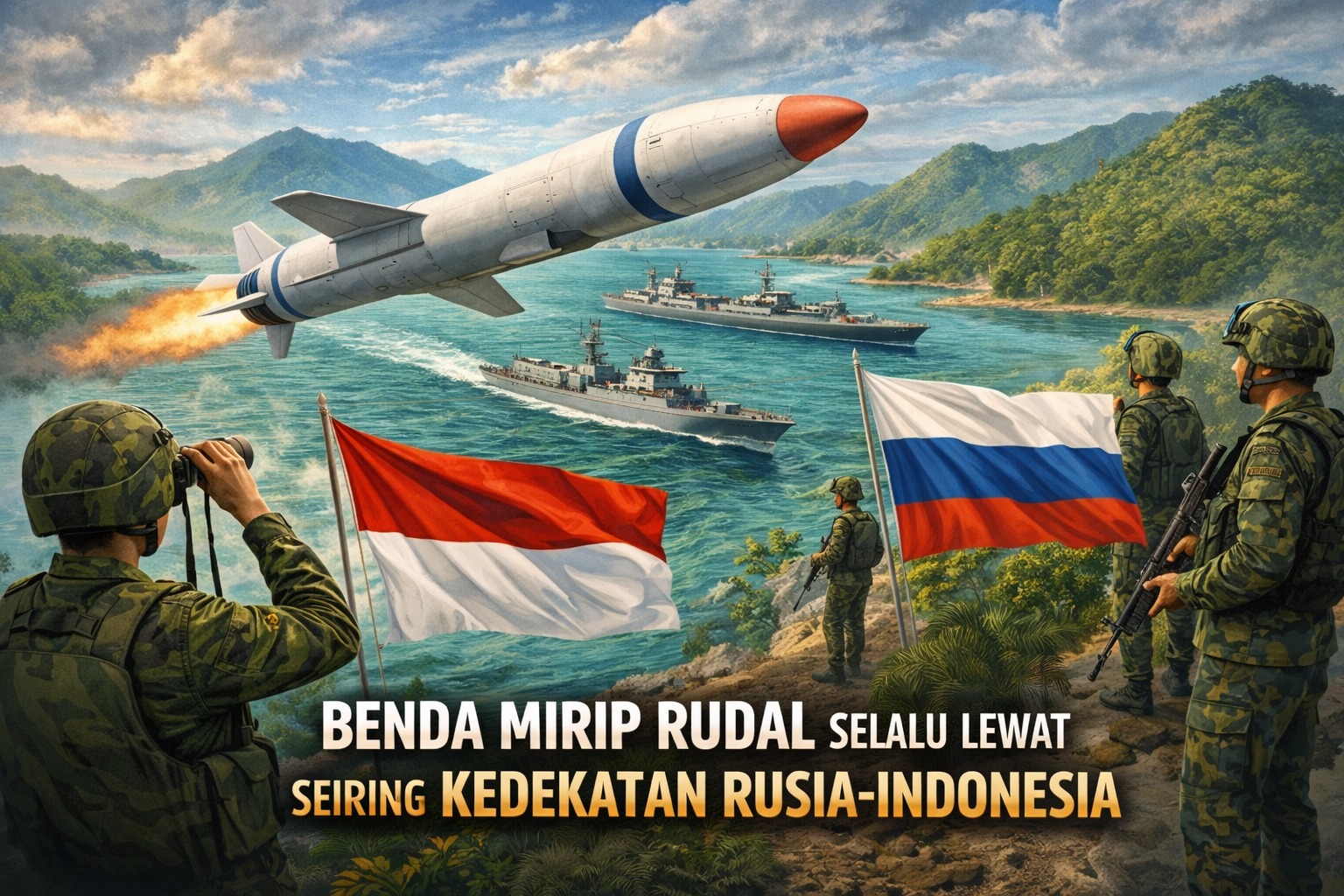 Pesawat misil melintas di atas lanskap tropis (1)